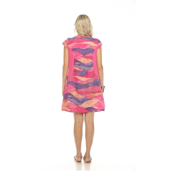 Fuchsia Cap Sleeves Wave Print Dress Pocket Dress - Picture 4 of 6